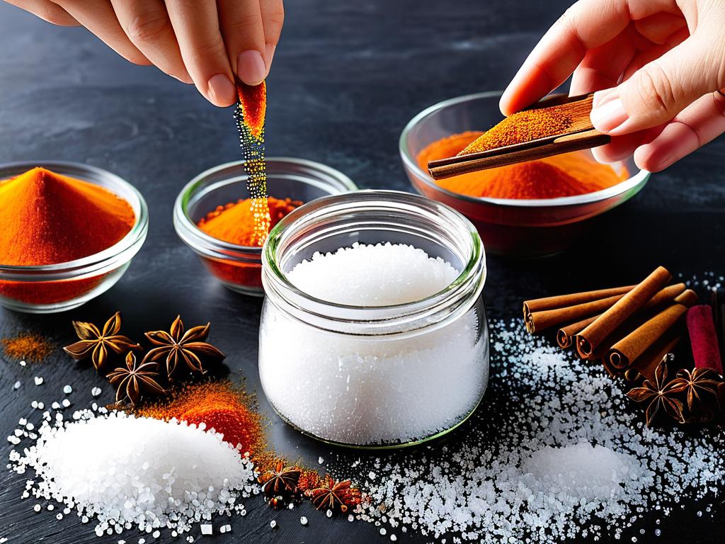 Процесс сухой засолки - натирание соли и специй в ломтики сала и хранение в стеклянной таре