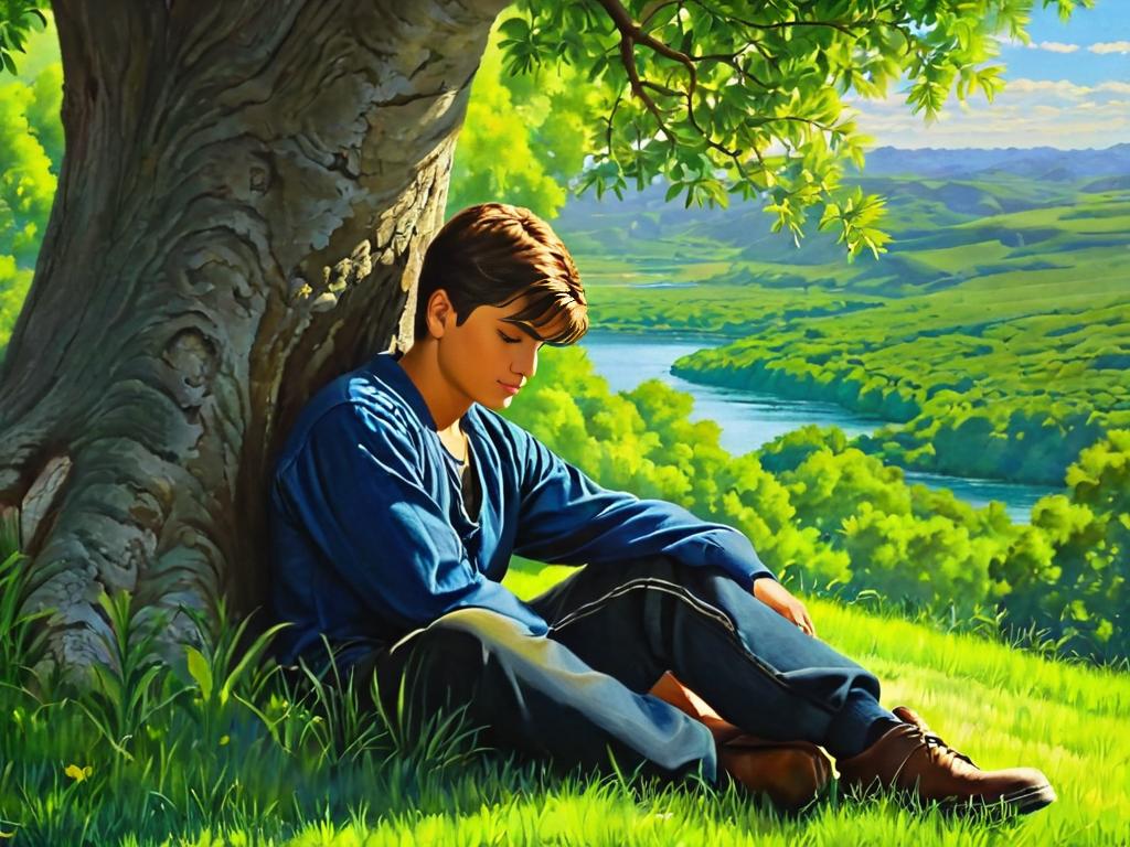 Картина задумчивого юноши, сидящего у дерева