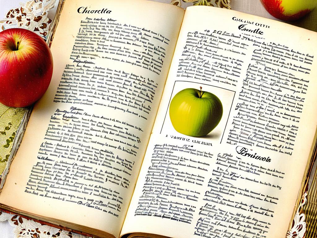 Страница старинной поваренной книги с рецептом шарлотки с яблоками на французском языке