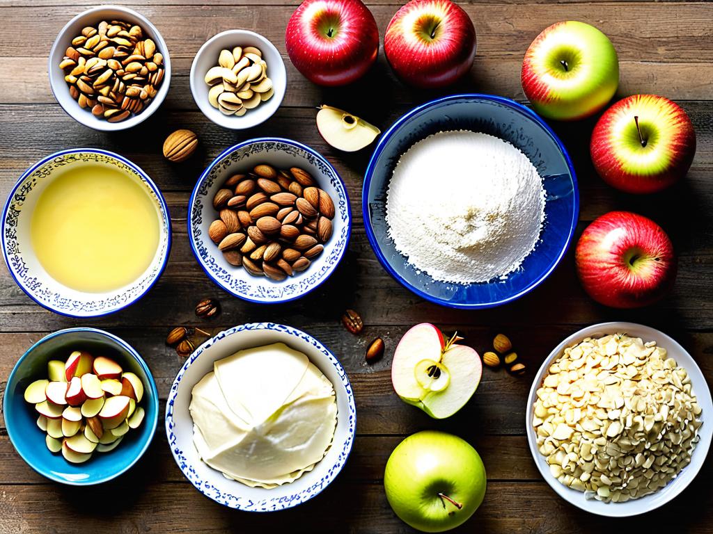Фото всех необходимых ингредиентов для приготовления штруделя с яблоками и орехами из слоеного теста