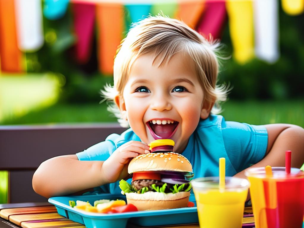Счастливый ребенок наслаждается ярким мини-бургером со здоровыми начинками.