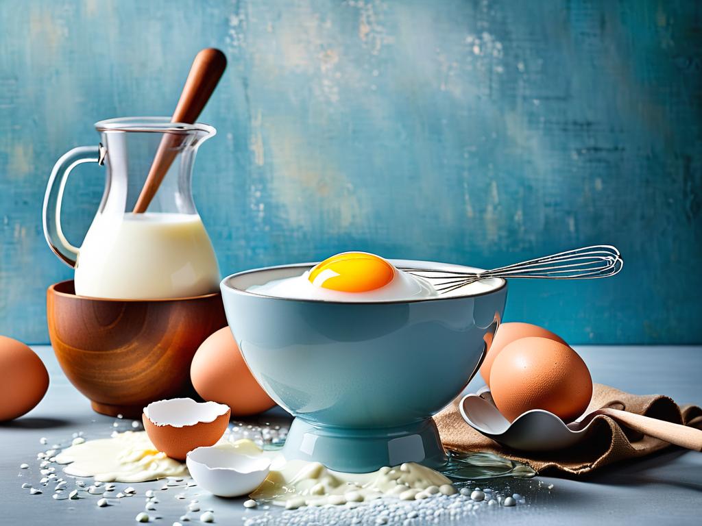 Фото ингредиентов для льезона: яиц, молока, воды в миске, взбитых венчиком, крупным планом текстура