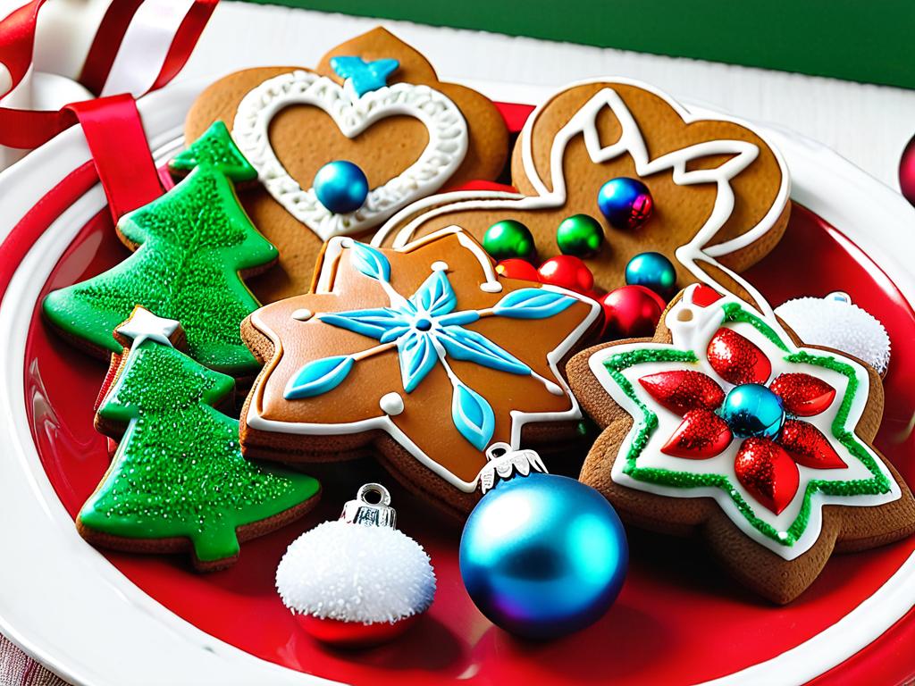 Имбирное печенье украшено новогодними игрушками и декором