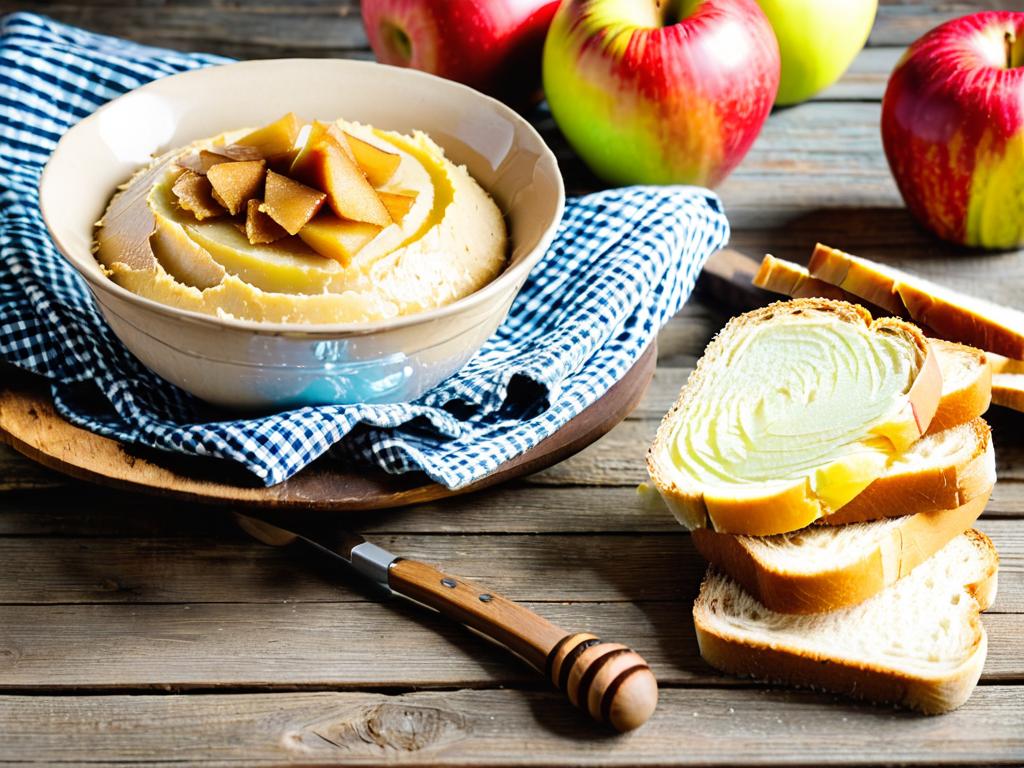 Миска с домашним яблочным повидлом и ломтиком хлеба на деревянном столе. Аппетитный осенний десерт.