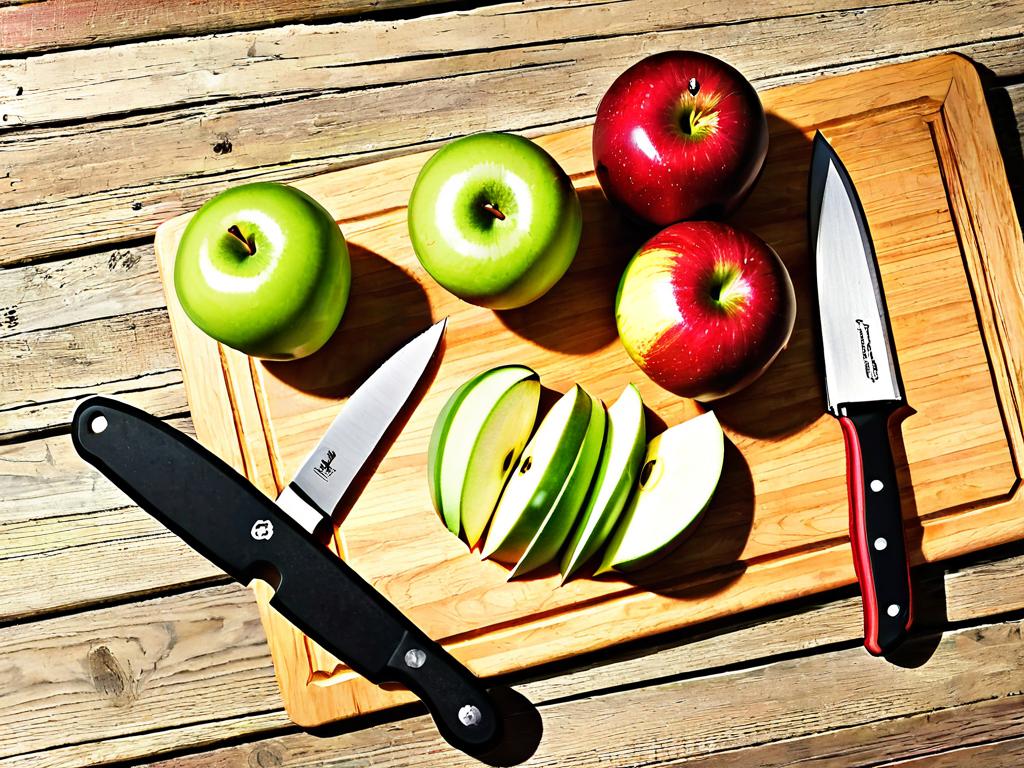 Красные и зеленые яблоки на деревянной разделочной доске с ножом.