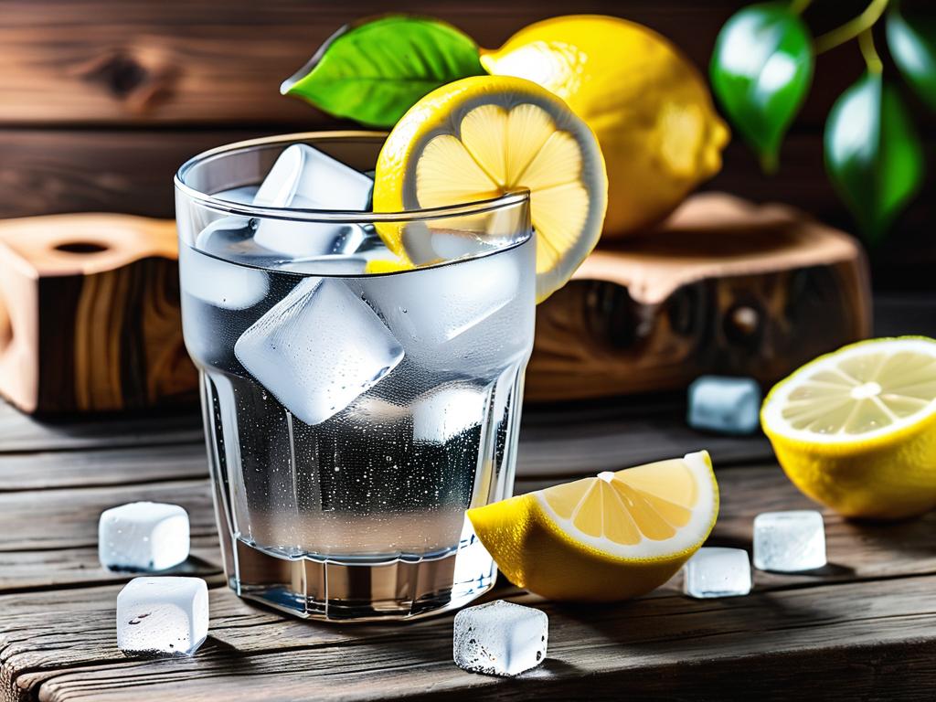 Стакан чистой питьевой воды со льдом и лимоном на деревянном столе. Концепция здорового образа