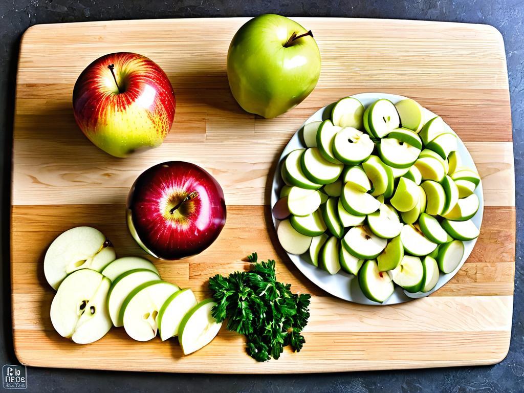 Нарезанные ингредиенты для салата Оливье с яблоками