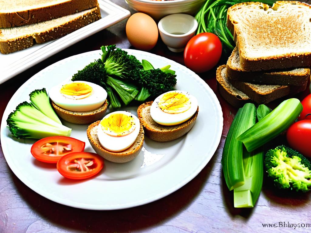 Тарелка с отварными яйцами, цельнозерновым тостом и свежими овощами.