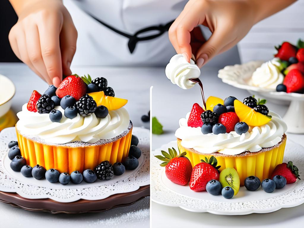 Процесс украшения маленького торта взбитыми сливками и фруктами