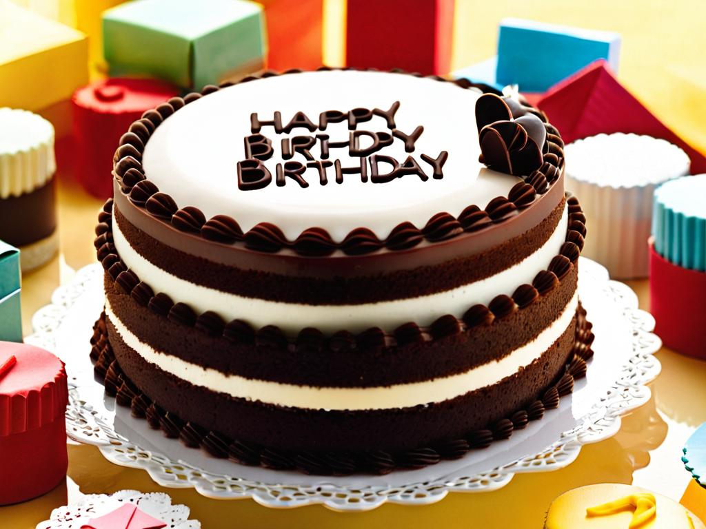 Крупный план маленького тортика с шоколадными буквами, образующими надпись С днем рождения