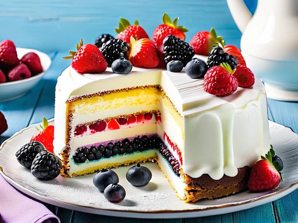 Красочный торт с свежими ягодами и кремом