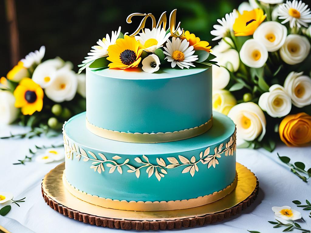 Домашний двухъярусный торт с надписью от руки на верхнем ярусе и цветочным декором