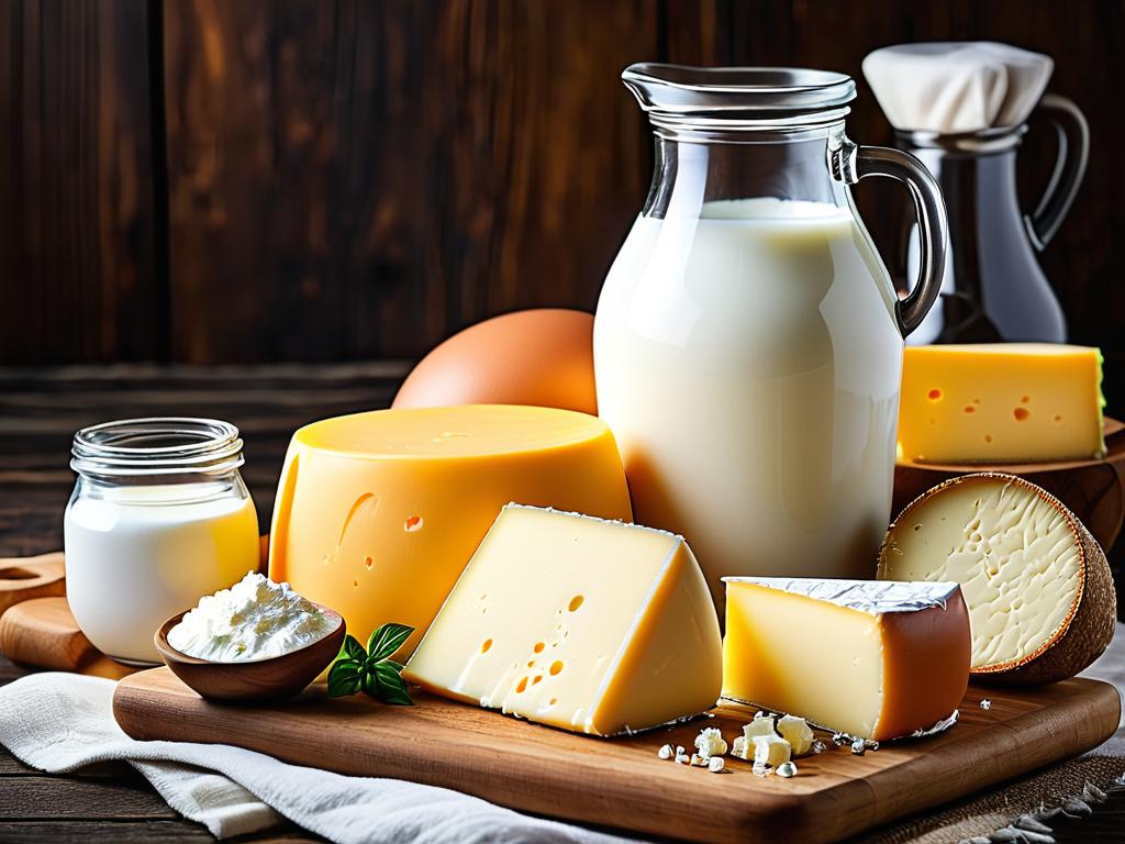 Свежие молочные продукты, необходимые для приготовления домашнего сыра из молока и яиц