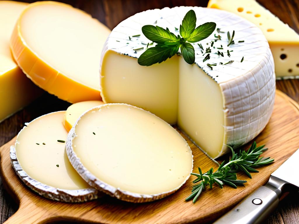 Домашний сыр нарезан ломтиками, готов к употреблению с зеленью