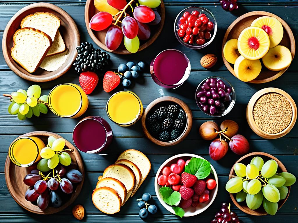 Полезный завтрак с фруктами на деревянном фоне