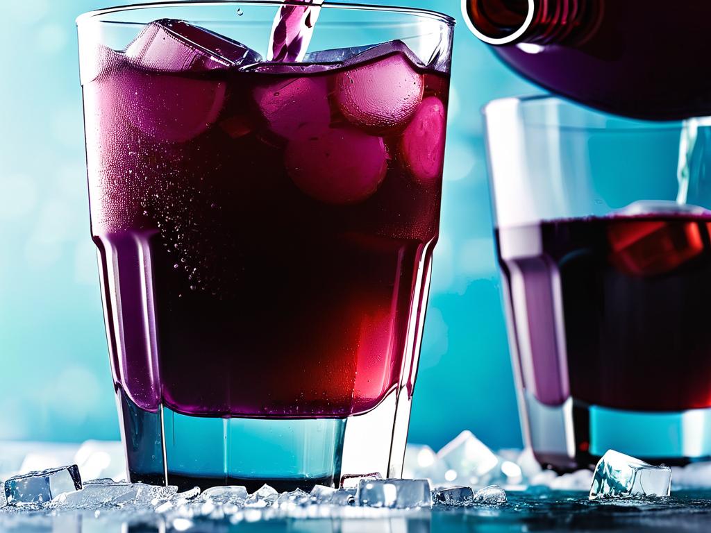 Домашний виноградный сок наливается в стакан со льдом