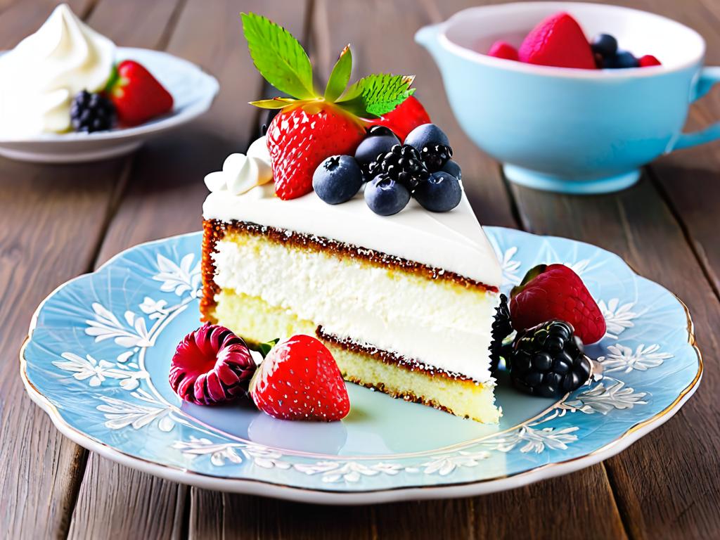 Кусок торта с кремом из сметаны с ягодами русское описание
