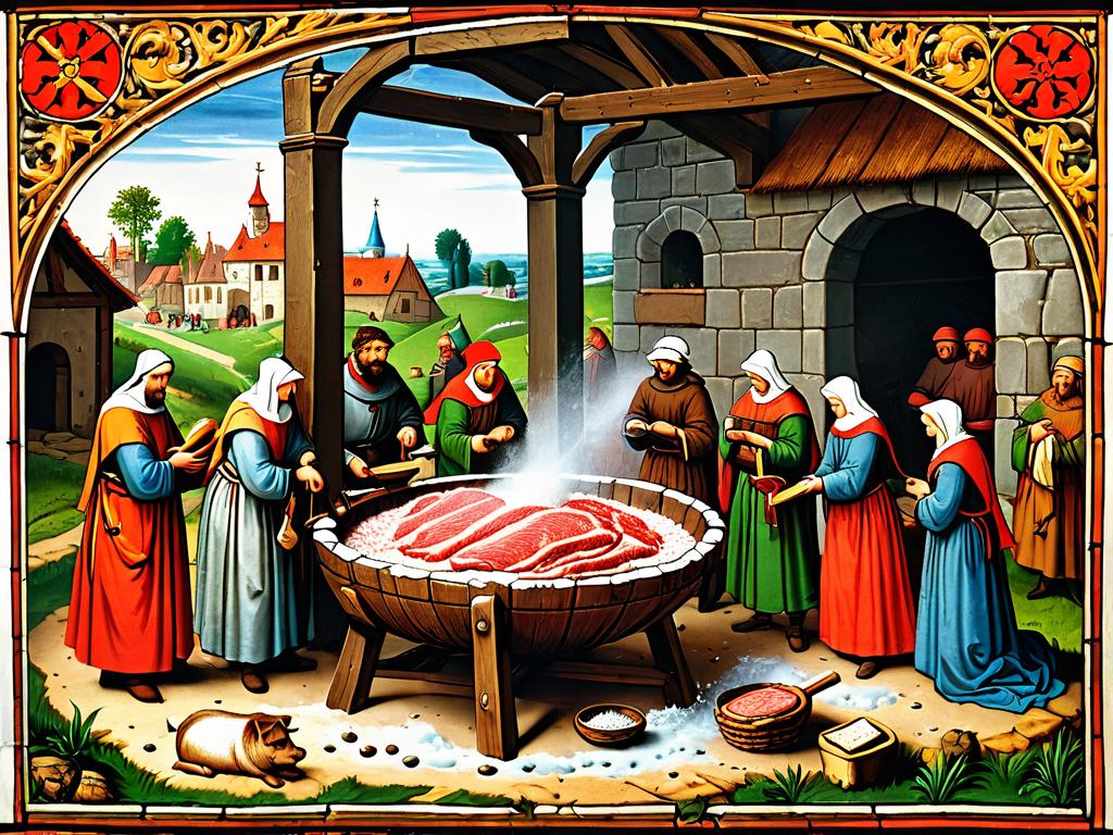 Средневековая иллюстрация засолки и вяления мяса для хранения