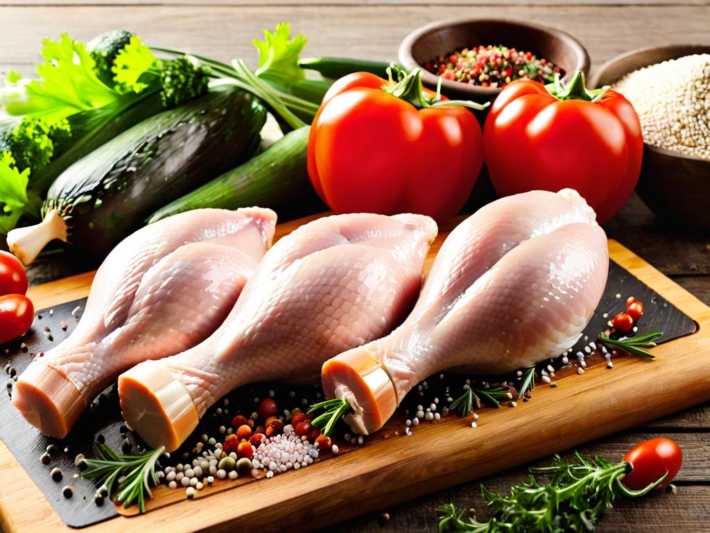 Сырые куриные голени на разделочной доске рядом с овощами и специями