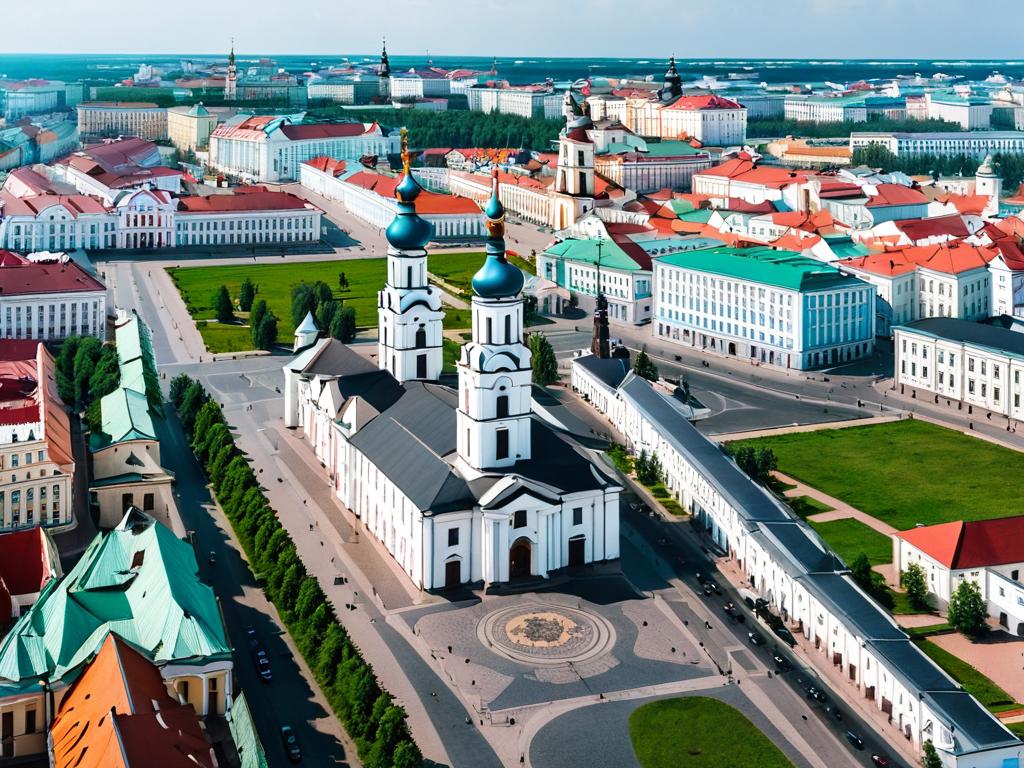 Вид на Старый город в Минске с ратушей и кафедральным собором Святого Духа на левой стороне