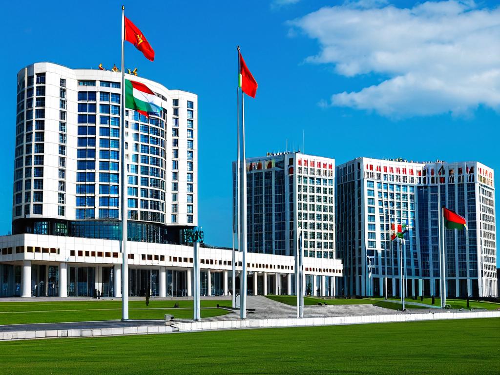 Современные здания комплекса президентской администрации в Минске с белорусскими флагами