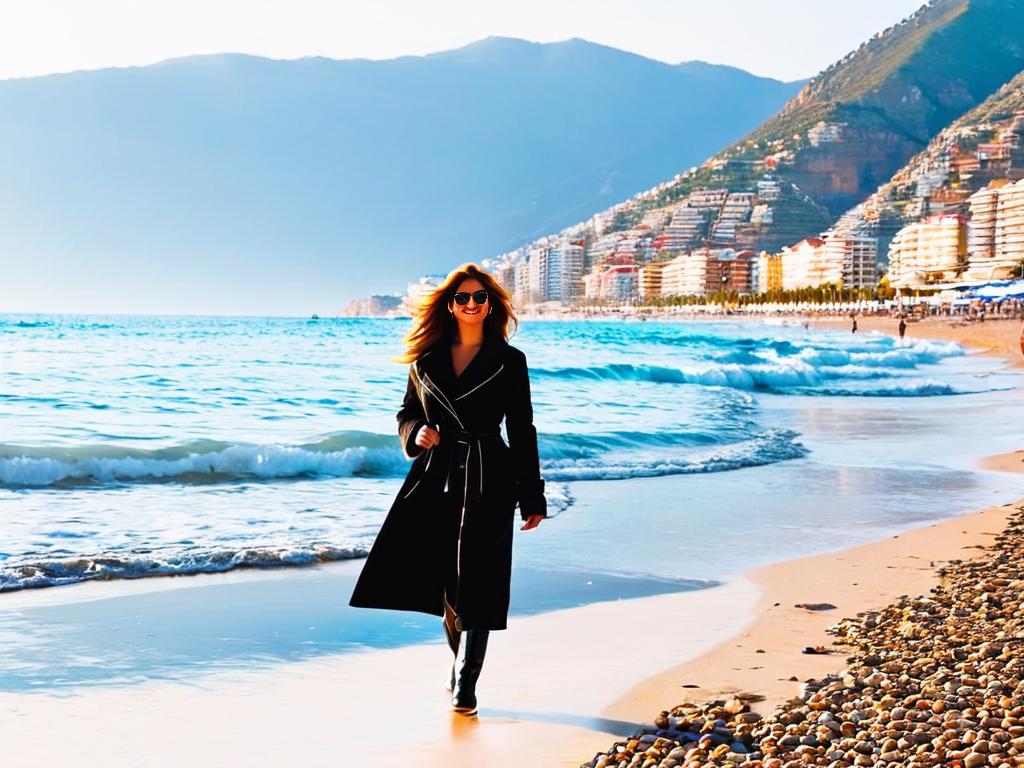 Женщина гуляет по пляжу Клеопатры в Алании в декабре в теплой зимней одежде