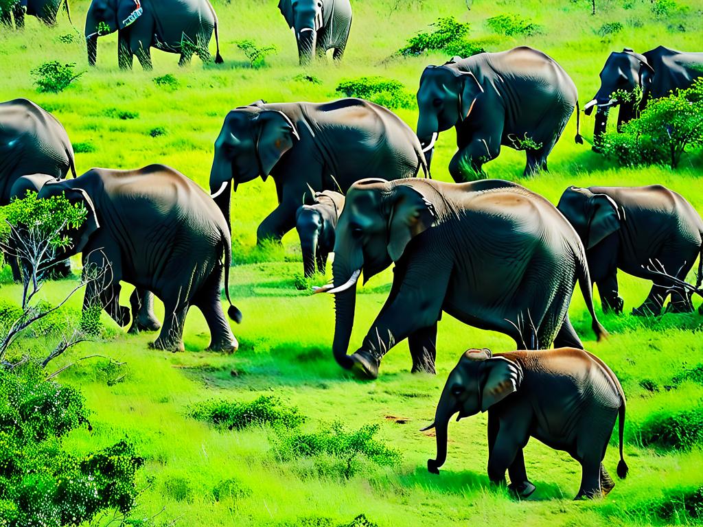 Стадо диких слонов в национальном парке Яла