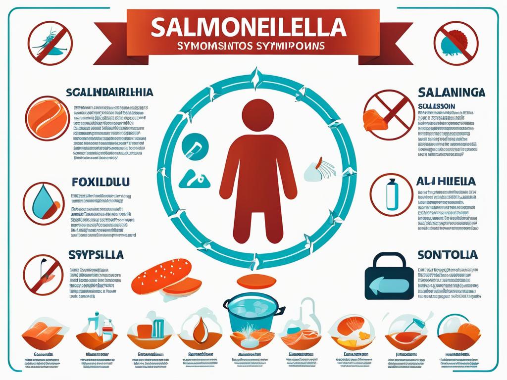 Инфографика симптомов сальмонеллеза с текстом и иконками на белом фоне