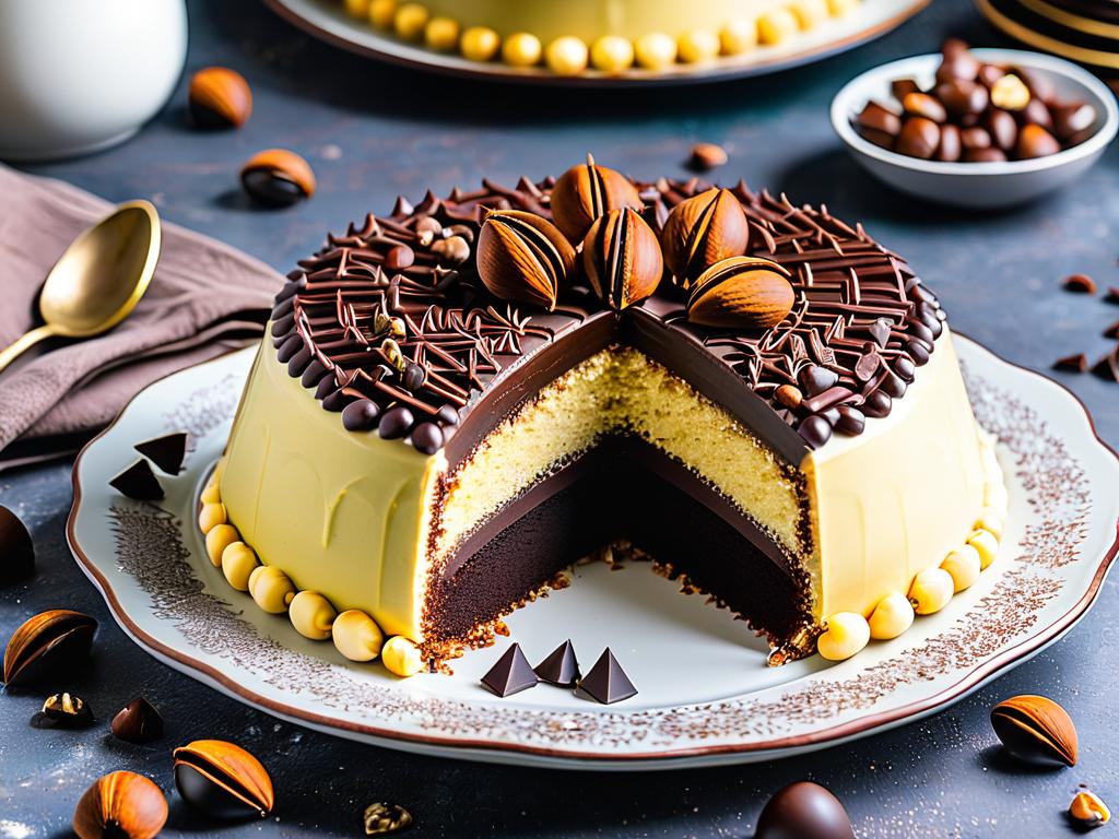 Домашний торт Муравейник украшенный шоколадом и орехами лежит на блюде порционными кусками