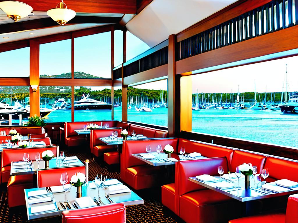 Интерьер ресторана яхт-клуба с видом на гавань и яхты