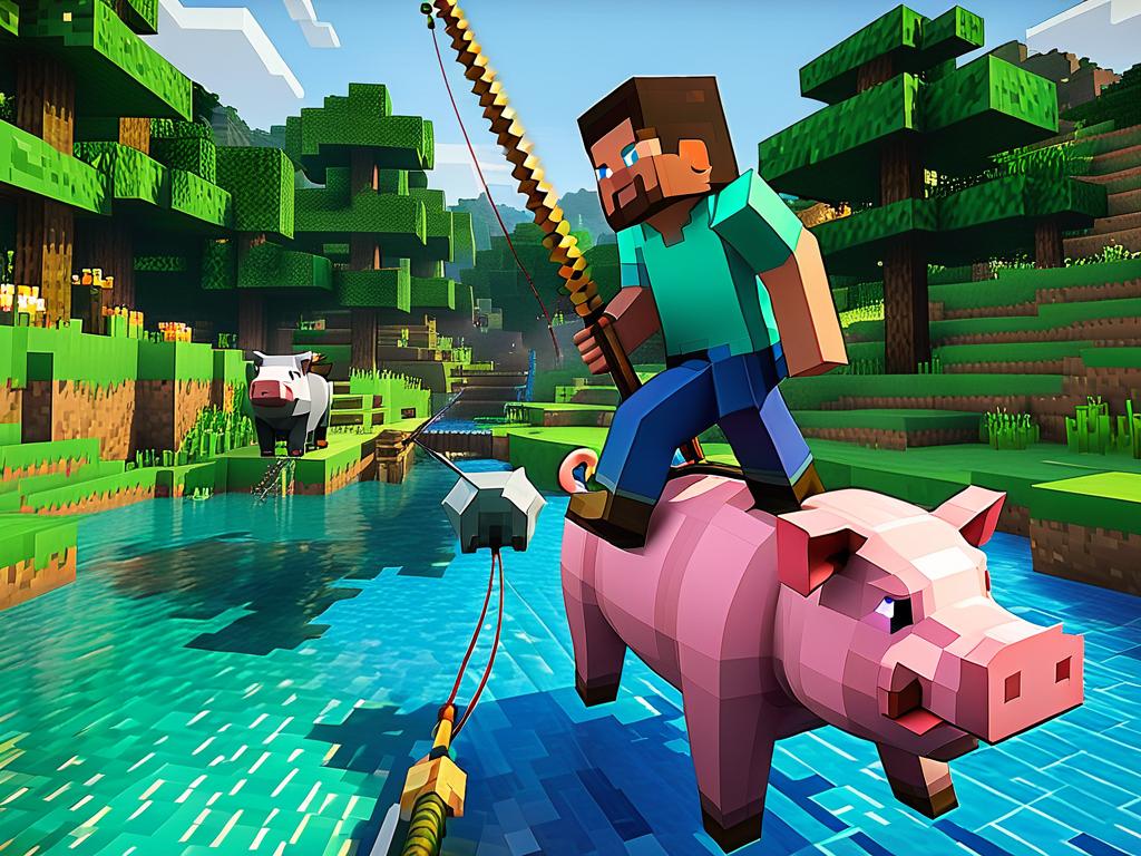 Игрок едет на свинье, управляя ей с помощью удочки в Майнкрафте