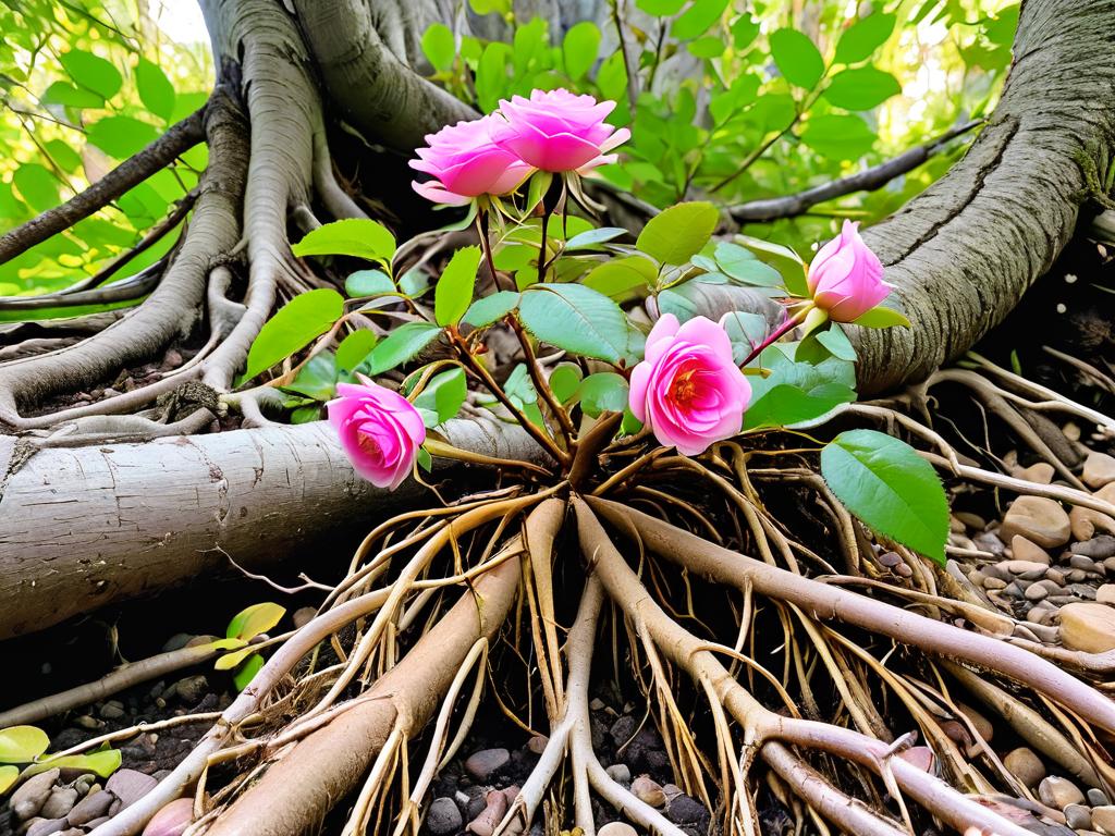 Растение родиолы розовой с розовыми цветками и толстыми золотистыми корнями, растущее на природе