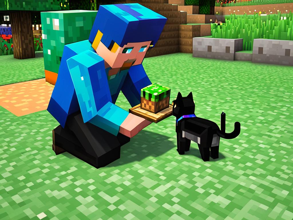 Игрок гладит и кормит кошку в Майнкрафт