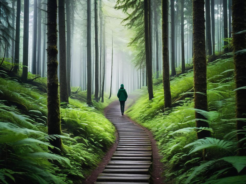 Человек на тропинке в лесу смотрит вперед, символизируя движение вперед в личностном росте и