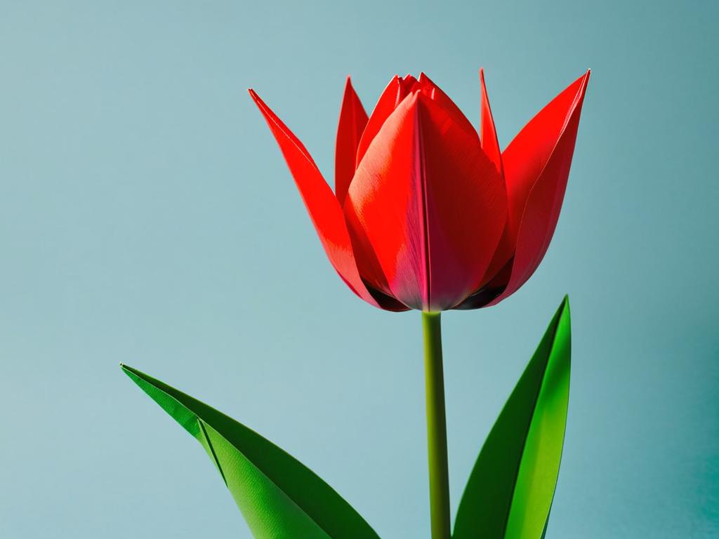 Красный бумажный тюльпан в технике оригами на зеленом стебле. Фотография цветка оригами.