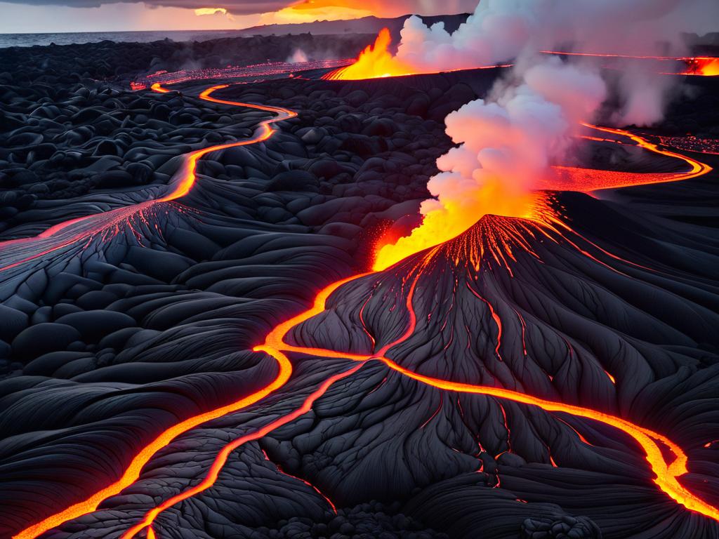 Поток лавы уничтожает все на своем пути после извержения вулкана