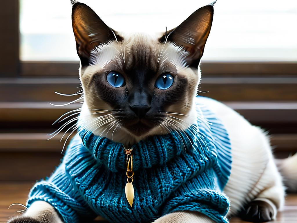Сиамская кошка в синем связанном свитере