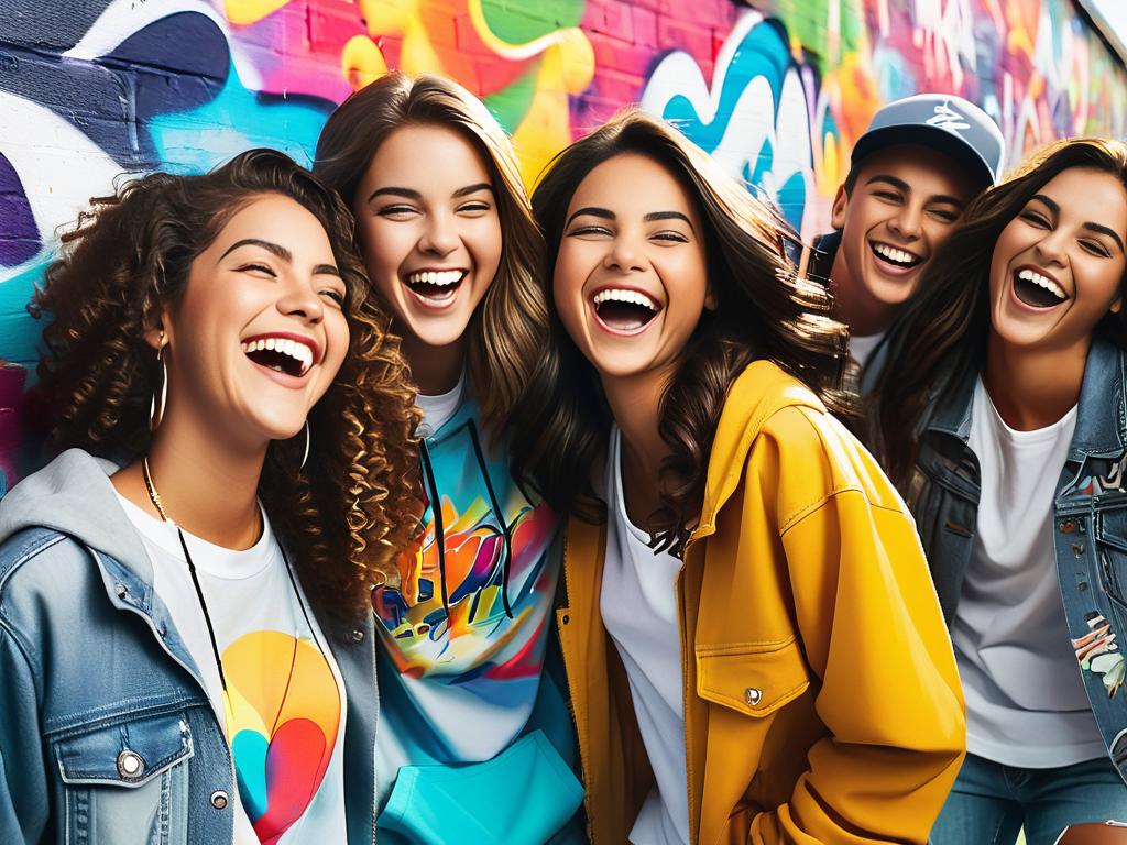 Веселая компания подростков в повседневной одежде смеется на фоне красочной граффити стены