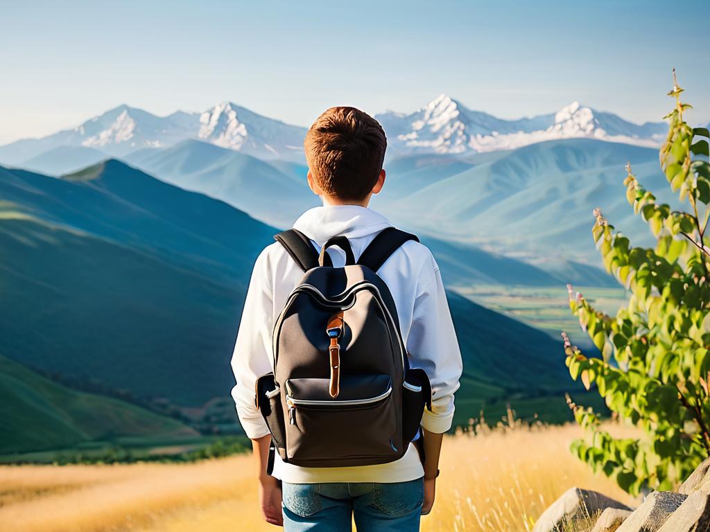 Вид сзади задумчивого подростка со школьным рюкзаком, глядящего вдаль на горы