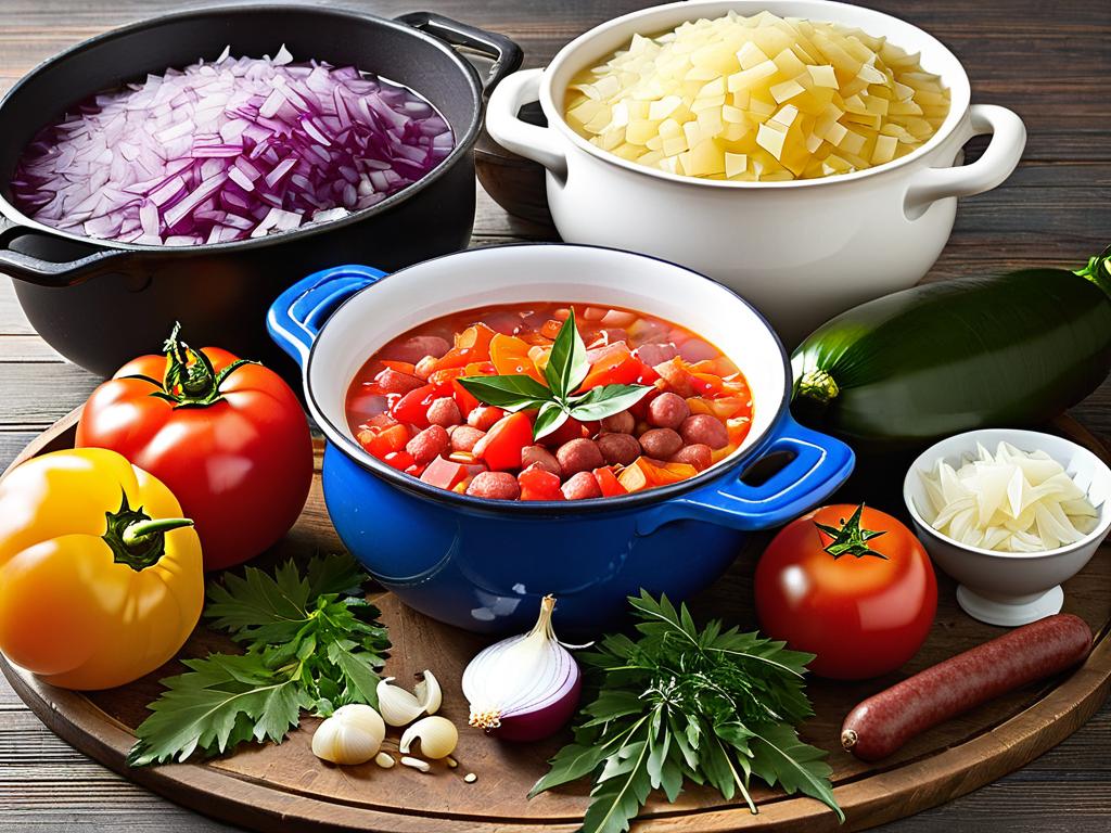 Ингредиенты для солянки - капуста, сосиски, помидоры, лук, перец, лавровый лист