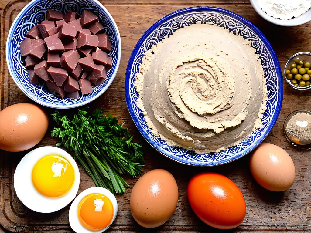 Фото ингредиентов для паштета - мясо, печень, овощи, яйца и мука на деревянной разделочной доске