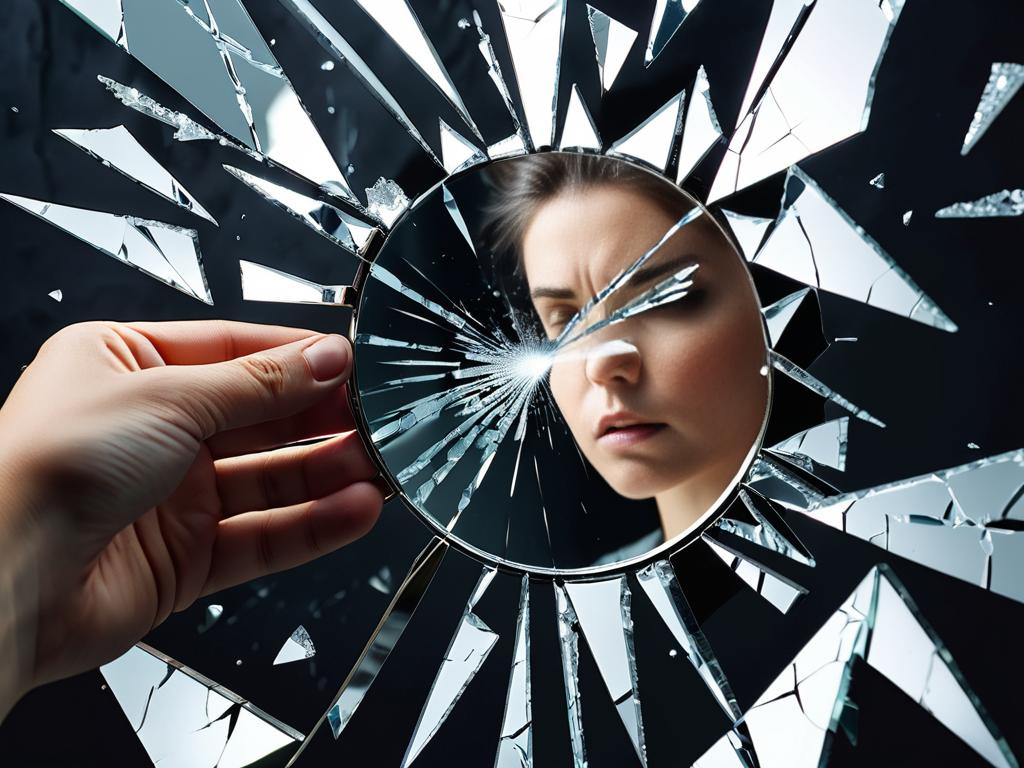 Осколки разбитого зеркала символизируют трещины в энергетическом защитном поле человека, делая его