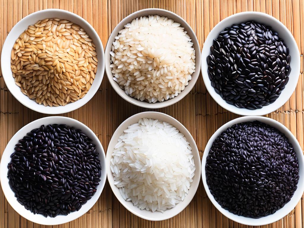 Разные сорта риса - длинный, круглый, черный которые различаются размером зерна