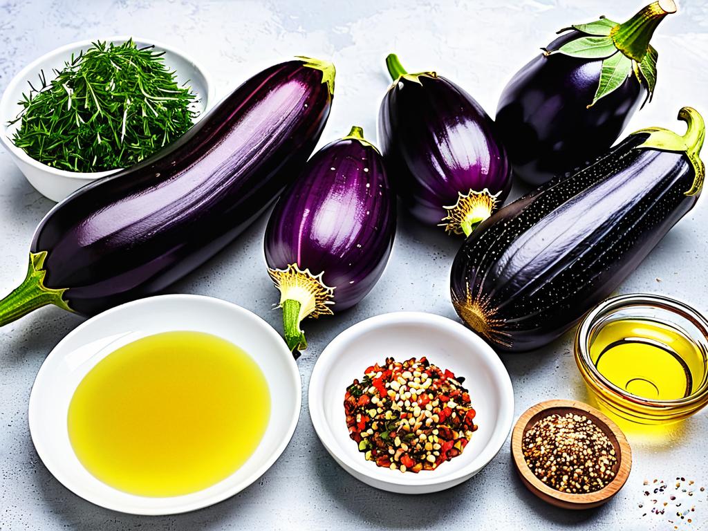 Ингредиенты для маринованных баклажанов — баклажаны, чеснок, зелень, уксус, масло, чили