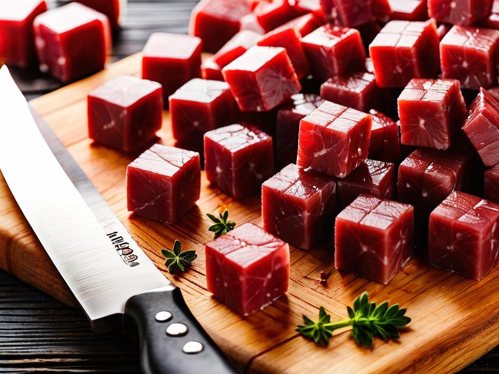 Кубики порезанного красного мяса на доске с ножом