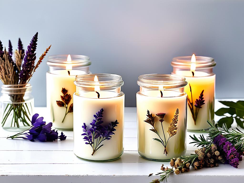 Фото домашних свечей из соевого воска в стеклянных баночках, украшенных сухоцветами