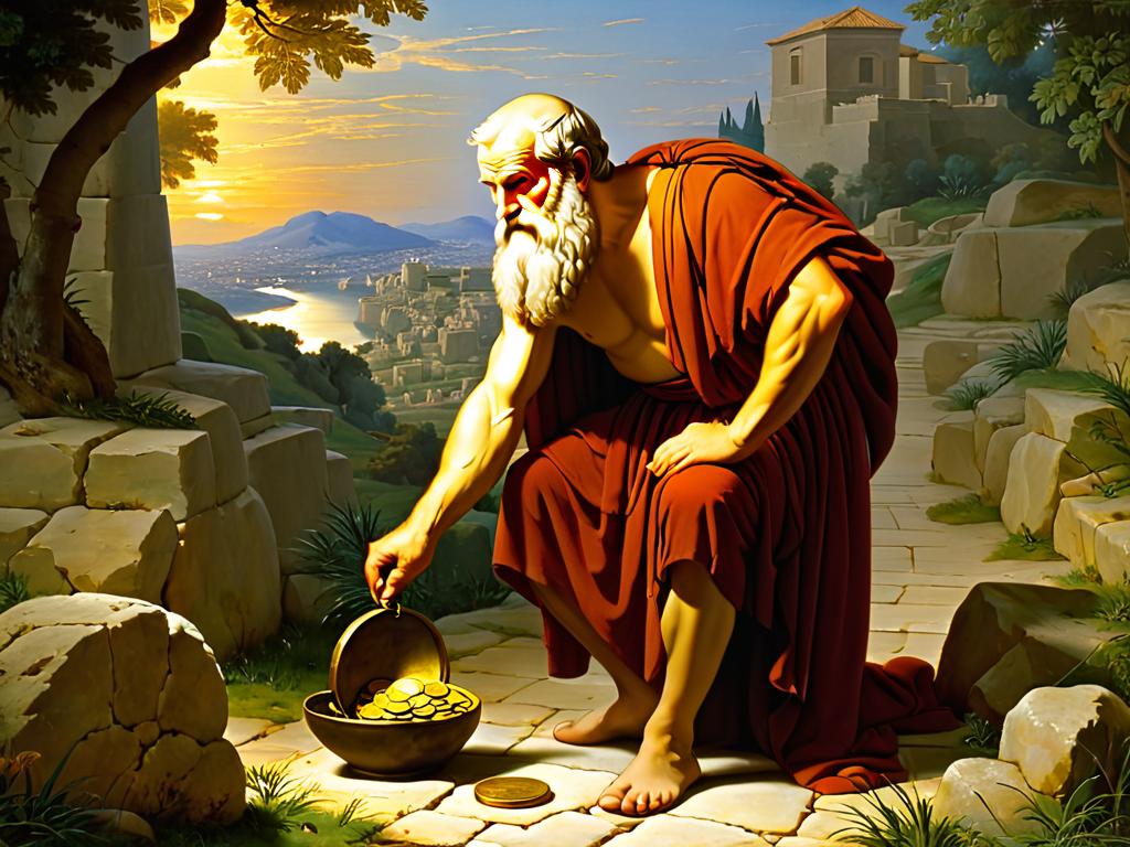 Картина, изображающая молодого Диогена, изучающего монету