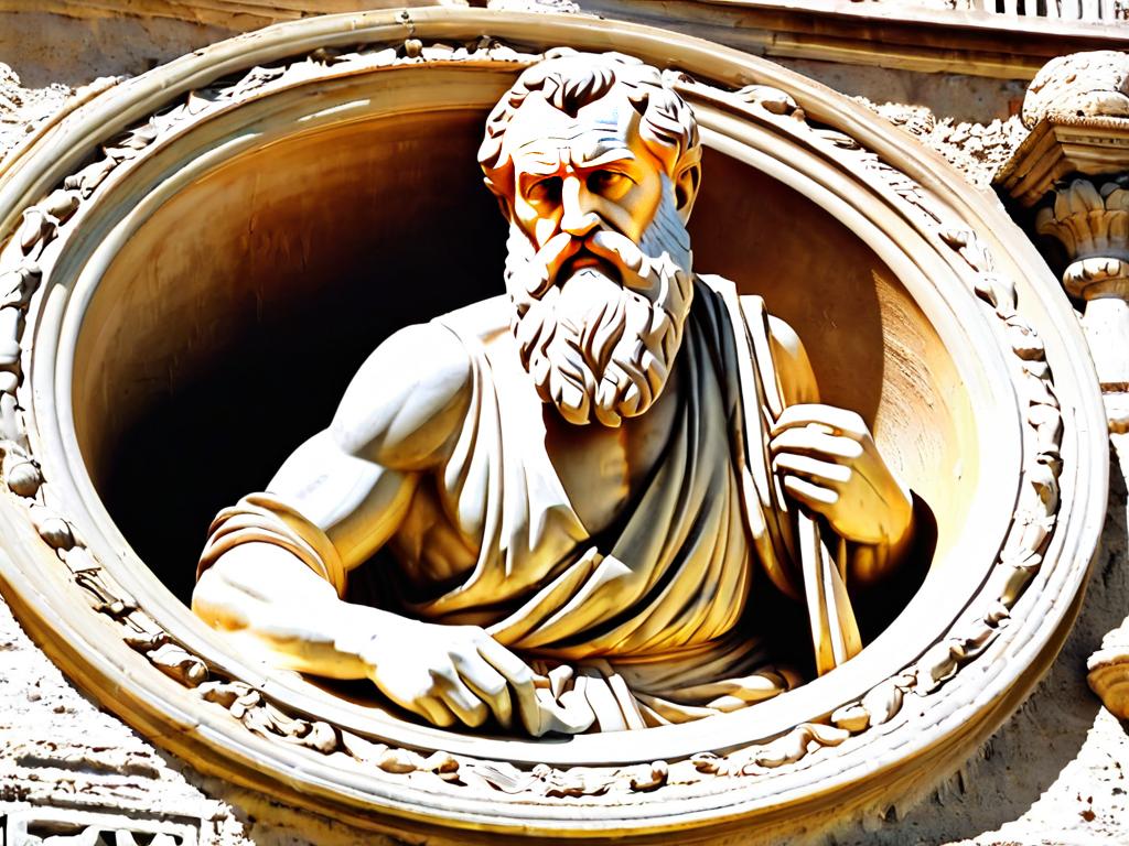 Статуя, изображающая Диогена внутри глиняного сосуда