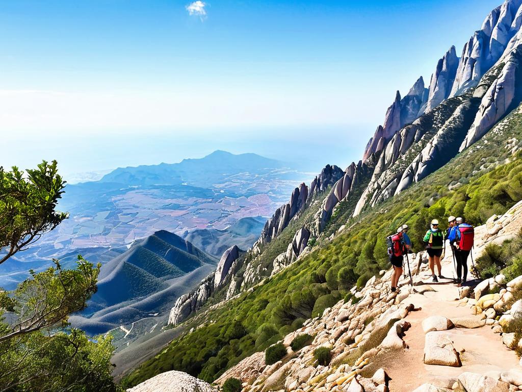 Туристы любуются красивым видом с горного пика в национальном парке Монтсеррат Испания днем