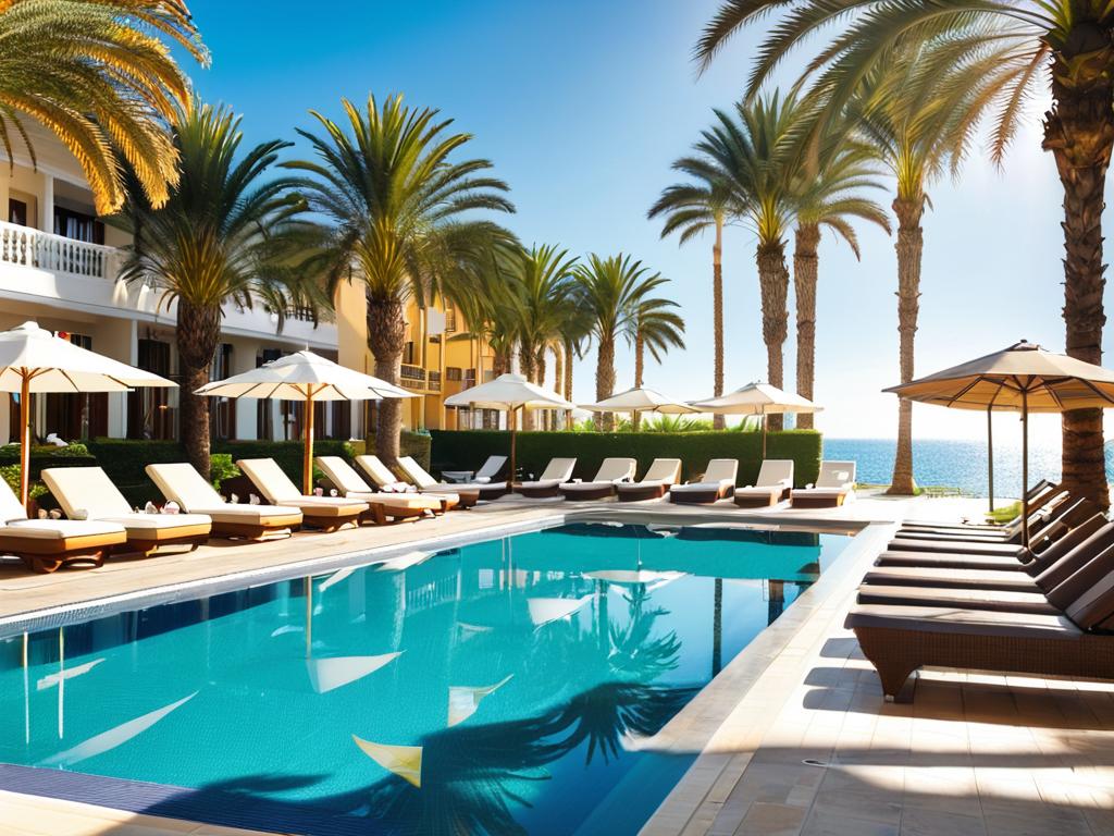 Зона бассейна отеля с лежаками возле пальм на солнце